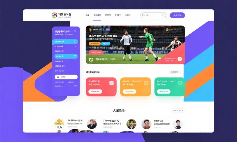 现代风格的网络平台界面，展示丰富的体育赛事信息和用户互动功能，色彩明快，设计人性化