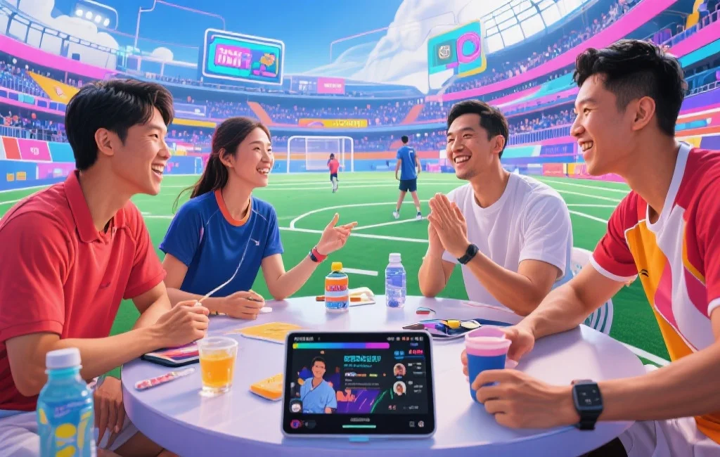 亚洲各地的体育爱好者在现代化娱乐平台上互动交流，背景是充满活力的运动场景