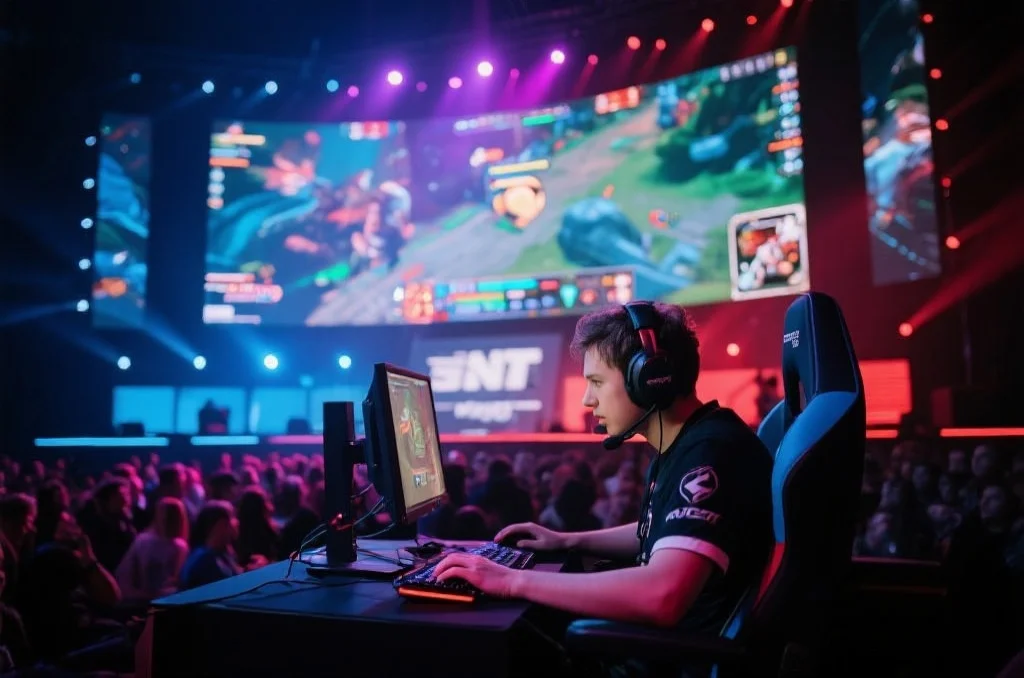 一个专业的电竞选手在灯光璀璨的舞台上，戴着耳机，专注地操作电脑，背景是巨大的屏幕显示游戏画面，观众在台下观看